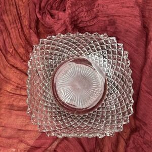 Vintage Clear Pressed Glass Diamond Point Bowl Sunburst Base Candy Nut Dish